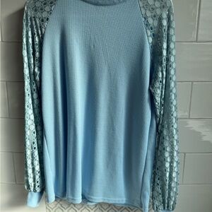 Women's Blue Sweater with Lace Sleeves